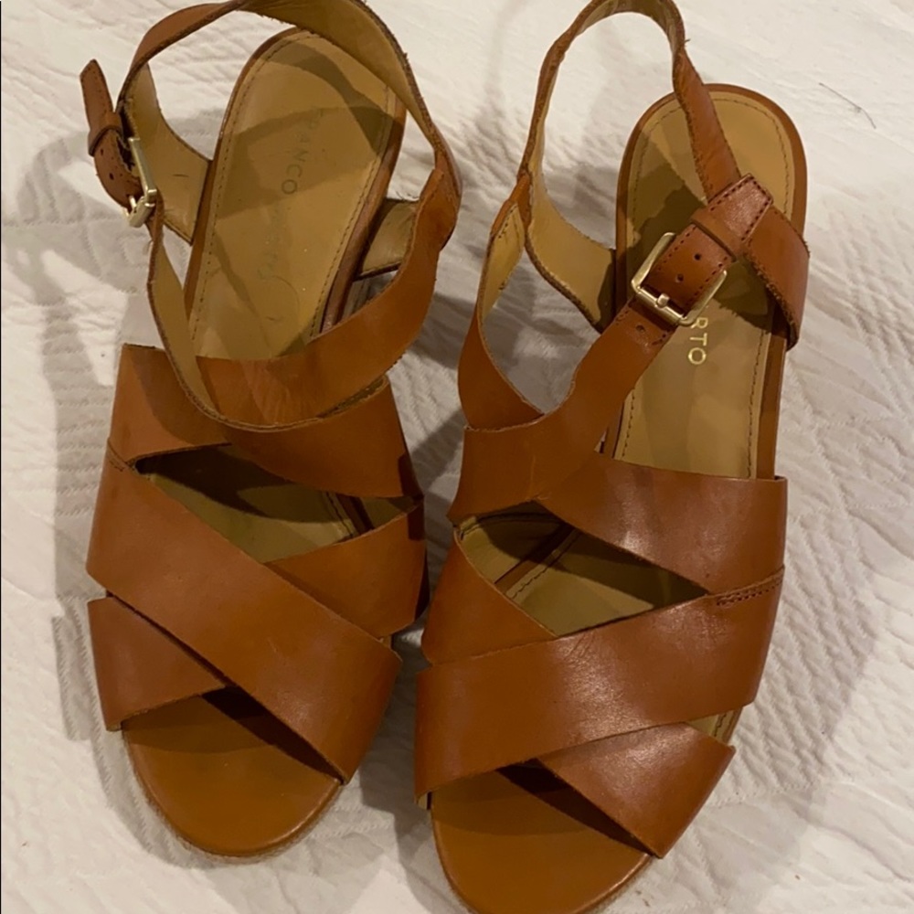 Camel leather cork wedges